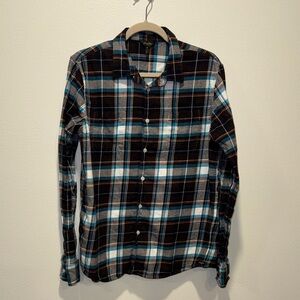 Men's Brown and Teal Blue Plaid Flannel Shirt